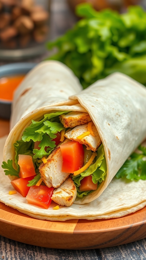 A chicken tortilla wrap filled with lettuce, tomatoes, and cheese, cut in half on a wooden plate with dipping sauce.